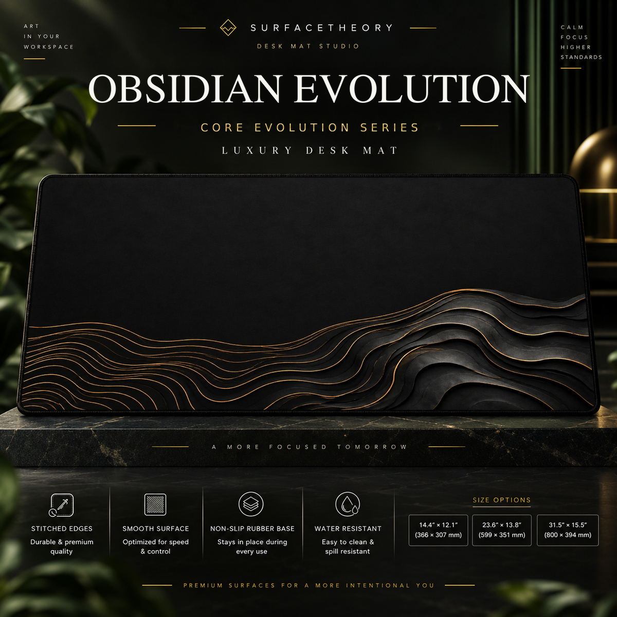 Obsidian Evolution desk mat on a studio display with size and product information.