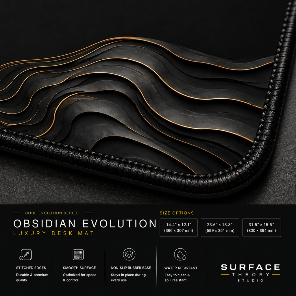Close-up of Obsidian Evolution printed artwork and black stitched corner.