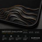 Close-up of Obsidian Evolution printed artwork and black stitched corner.
