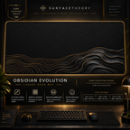 Obsidian Evolution desk mat in a gold-toned showcase frame above a keyboard.