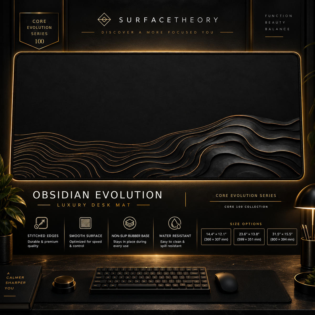 Obsidian Evolution desk mat in a gold-toned showcase frame above a keyboard.