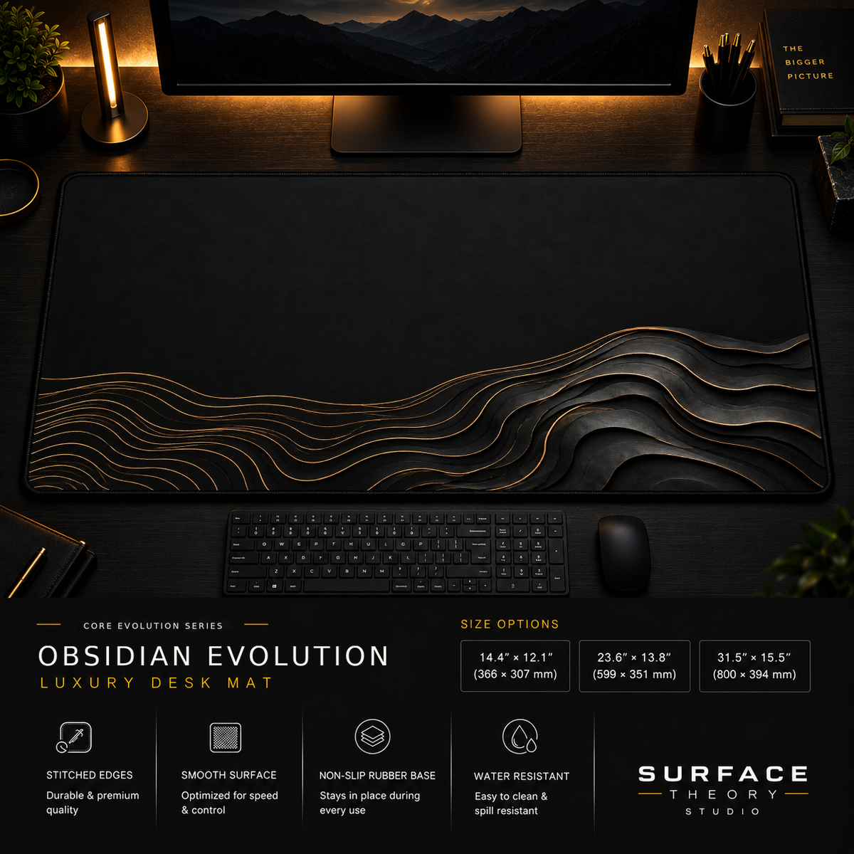 Obsidian Evolution desk mat in a dark workstation with warm monitor lighting.