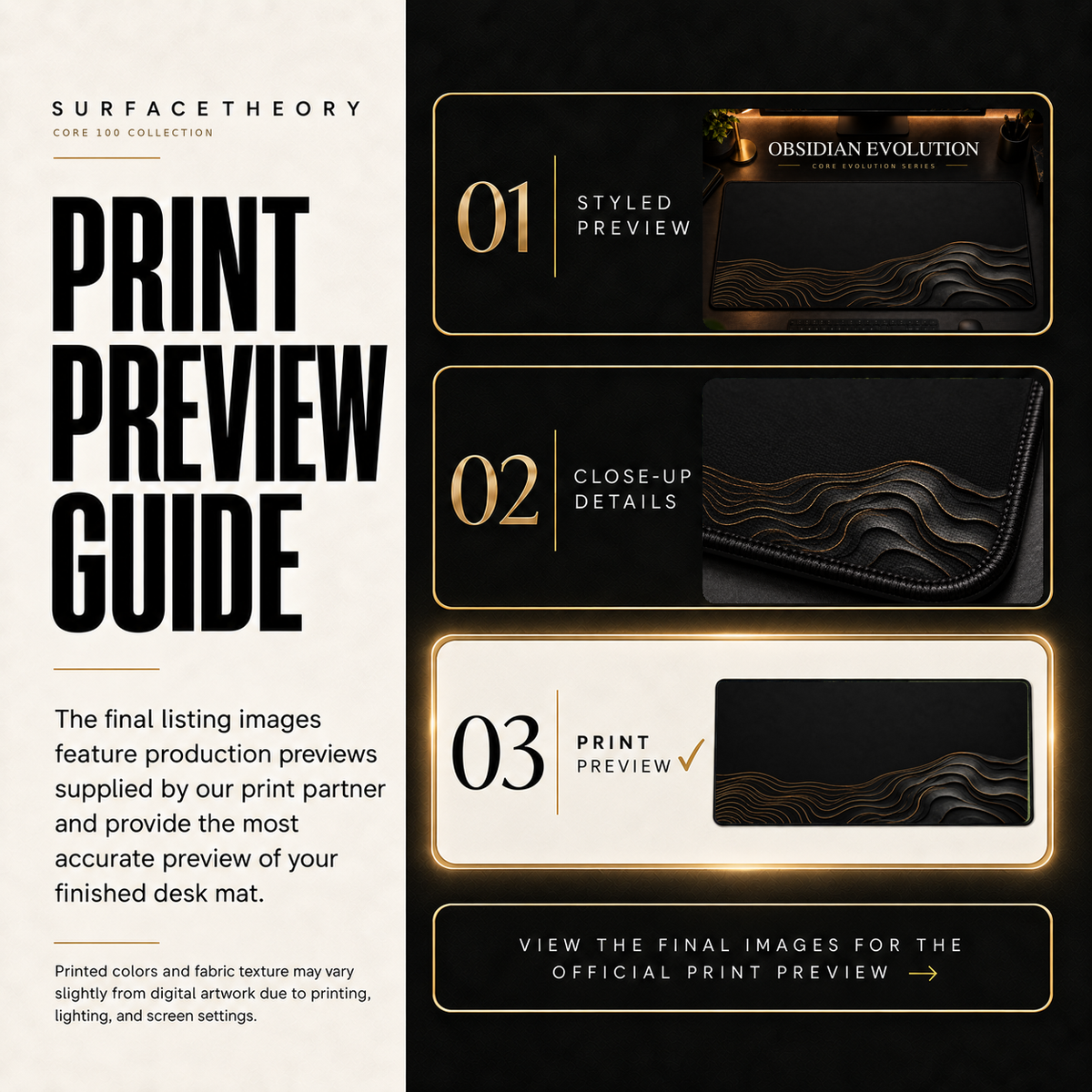Obsidian Evolution print preview guide showing the styled artwork, close-up and print reference.