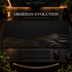 Obsidian Evolution desk mat, near-black with bronze-gold contours widening into layered curves, in a warm, dark workspace.