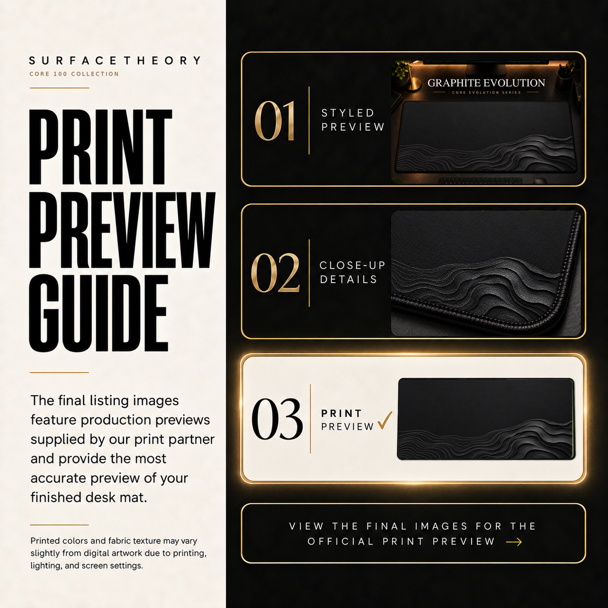 Graphite Evolution print preview guide showing the styled artwork, close-up and print reference.