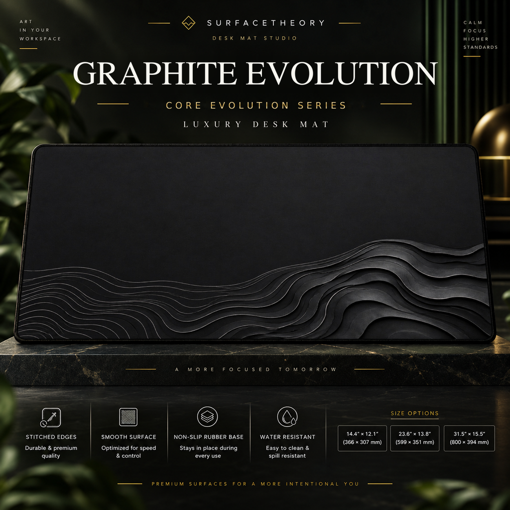 Graphite Evolution desk mat on a studio display with size and product information.