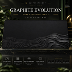 Graphite Evolution desk mat on a studio display with size and product information.