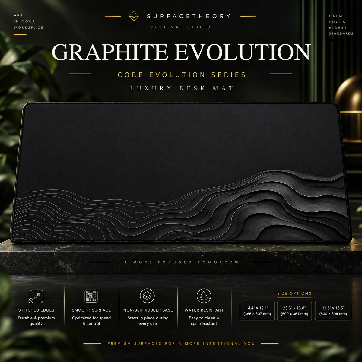 Graphite Evolution desk mat on a studio display with size and product information.
