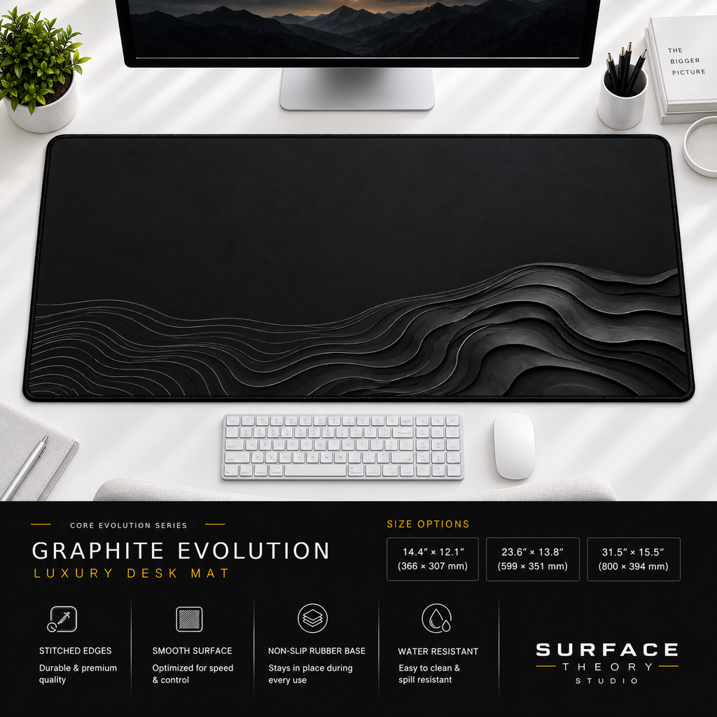 Graphite Evolution desk mat beneath a monitor on a bright desk with a white keyboard and mouse.