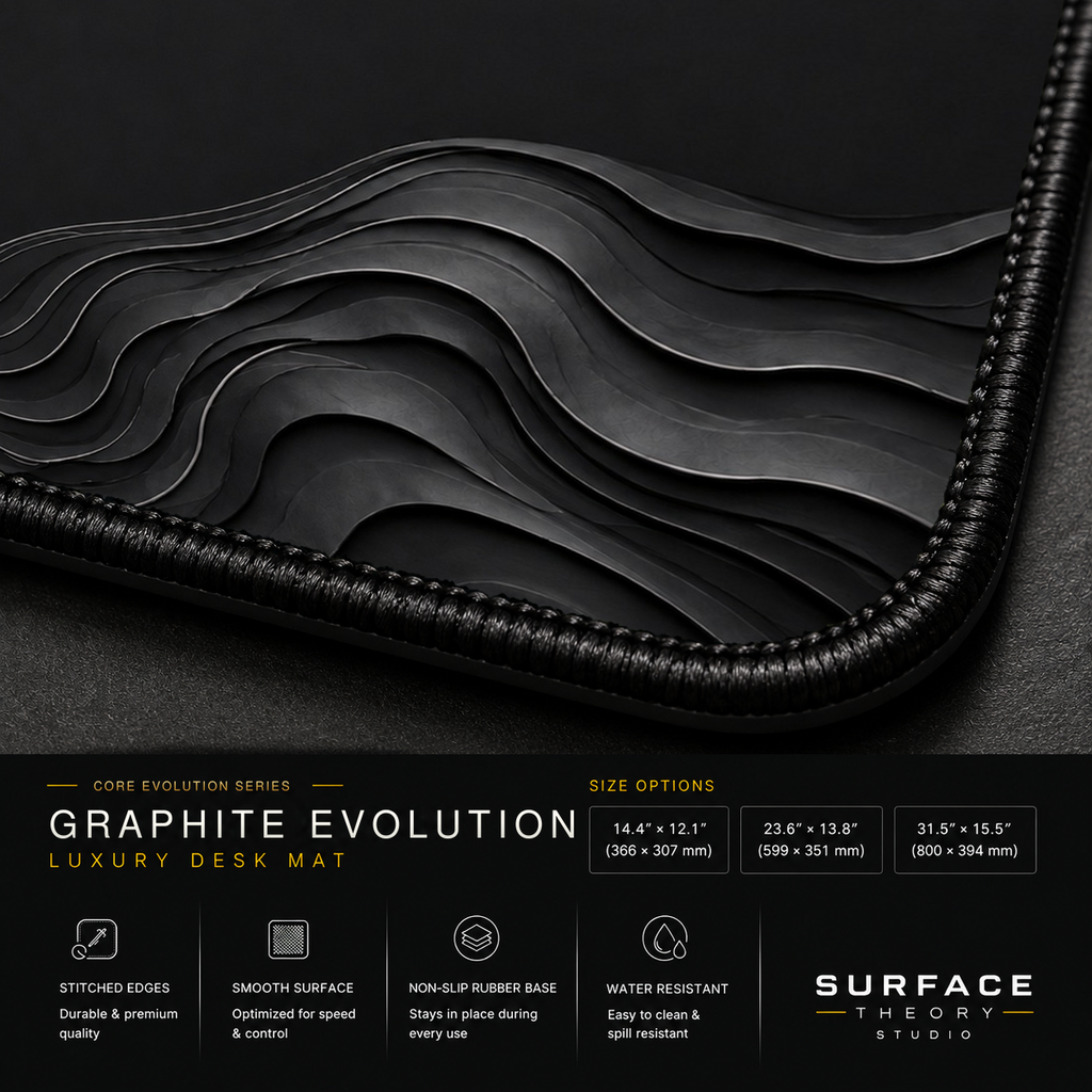 Close-up of Graphite Evolution printed artwork and black stitched corner.