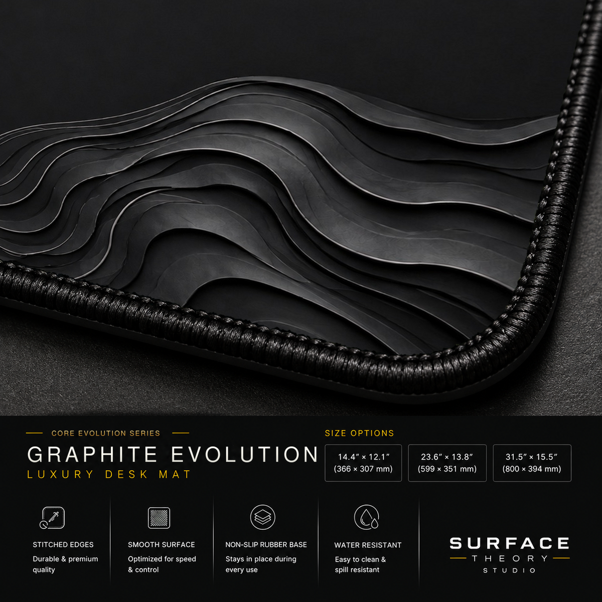 Close-up of Graphite Evolution printed artwork and black stitched corner.