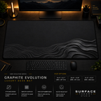 Graphite Evolution desk mat in a dark workstation with warm monitor lighting.