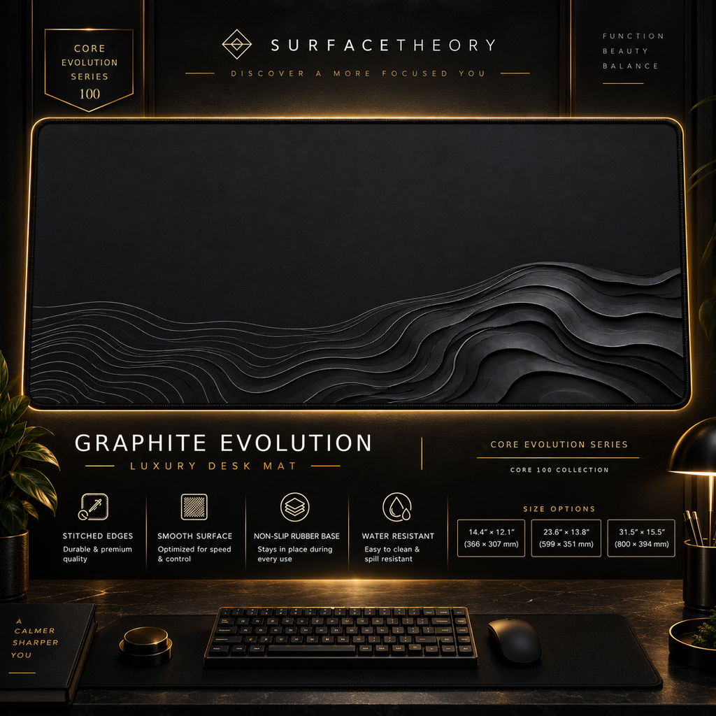 Graphite Evolution desk mat in a gold-toned showcase frame above a keyboard.