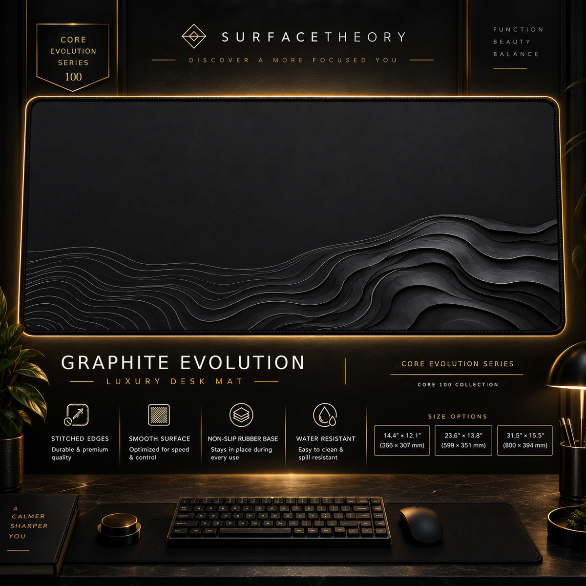 Graphite Evolution desk mat in a gold-toned showcase frame above a keyboard.
