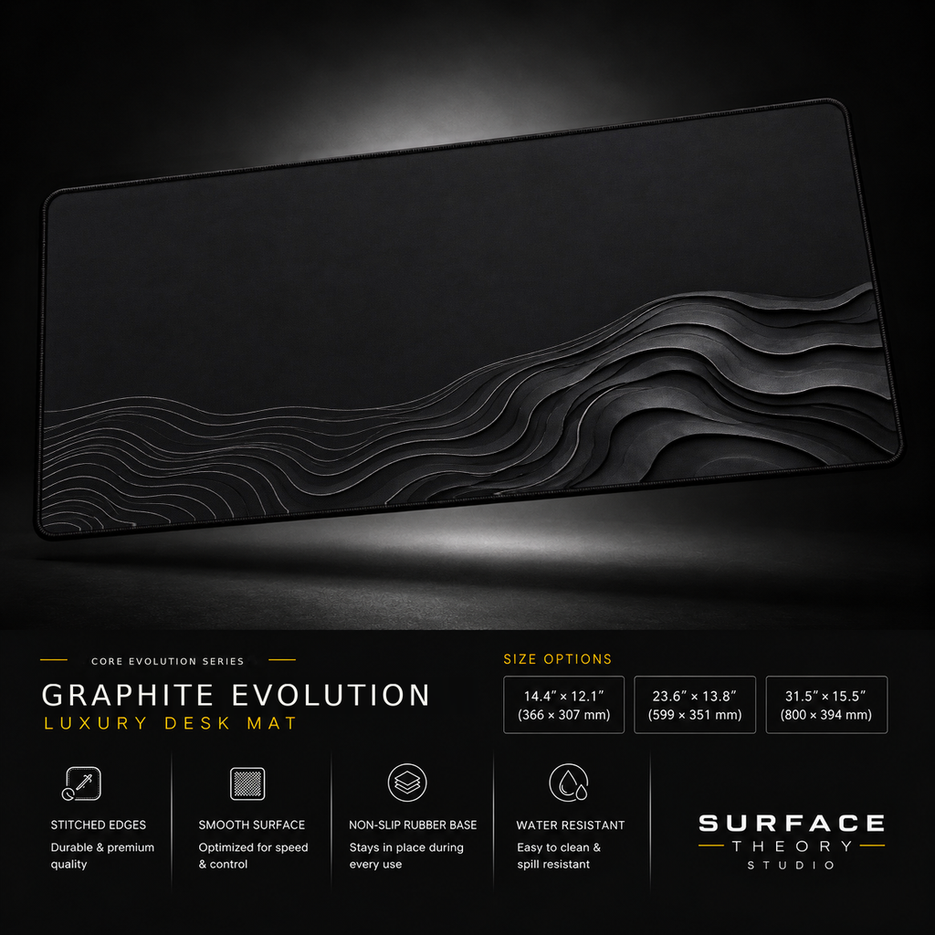 Graphite Evolution desk mat floating against a dark studio background.