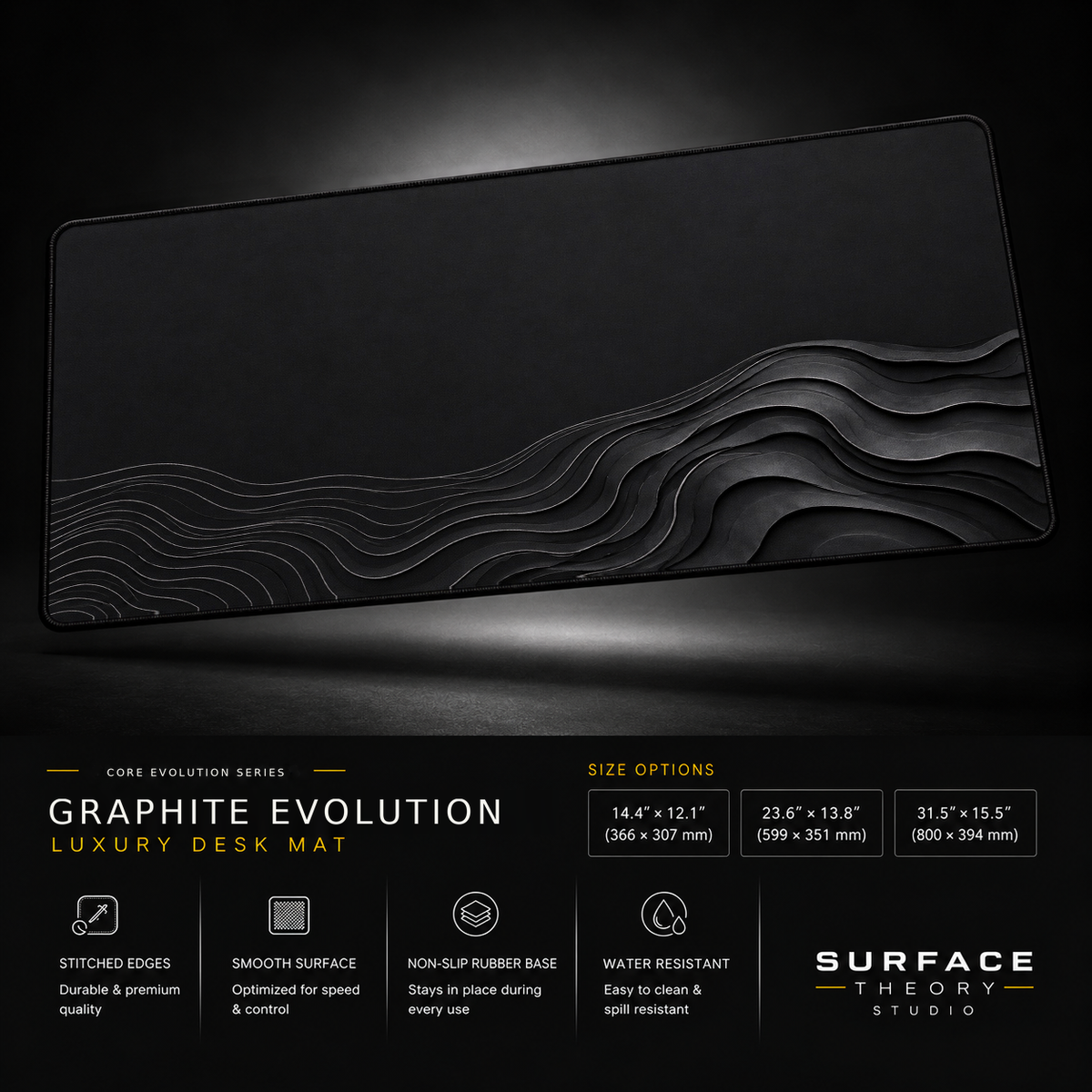 Graphite Evolution desk mat floating against a dark studio background.