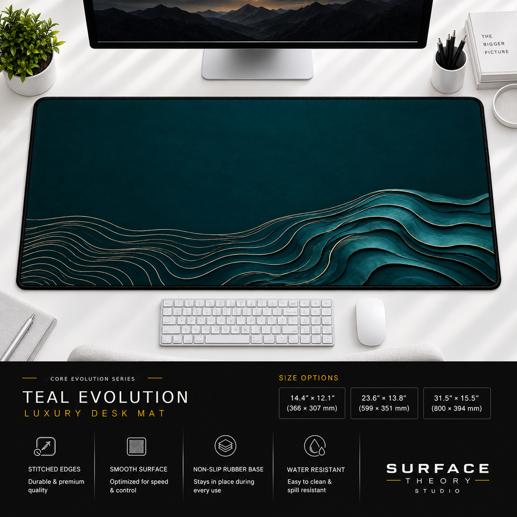 Teal Evolution desk mat beneath a monitor on a bright desk with a white keyboard and mouse.