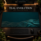Teal Evolution desk mat, deep teal with champagne-toned contours widening into layered curves, in a warm, dark workspace.