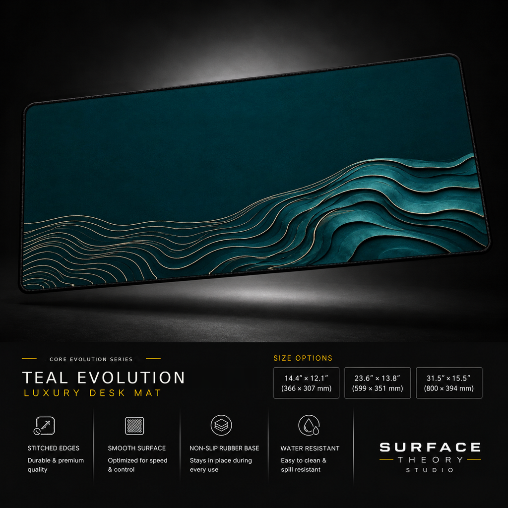 Teal Evolution desk mat floating against a dark studio background.