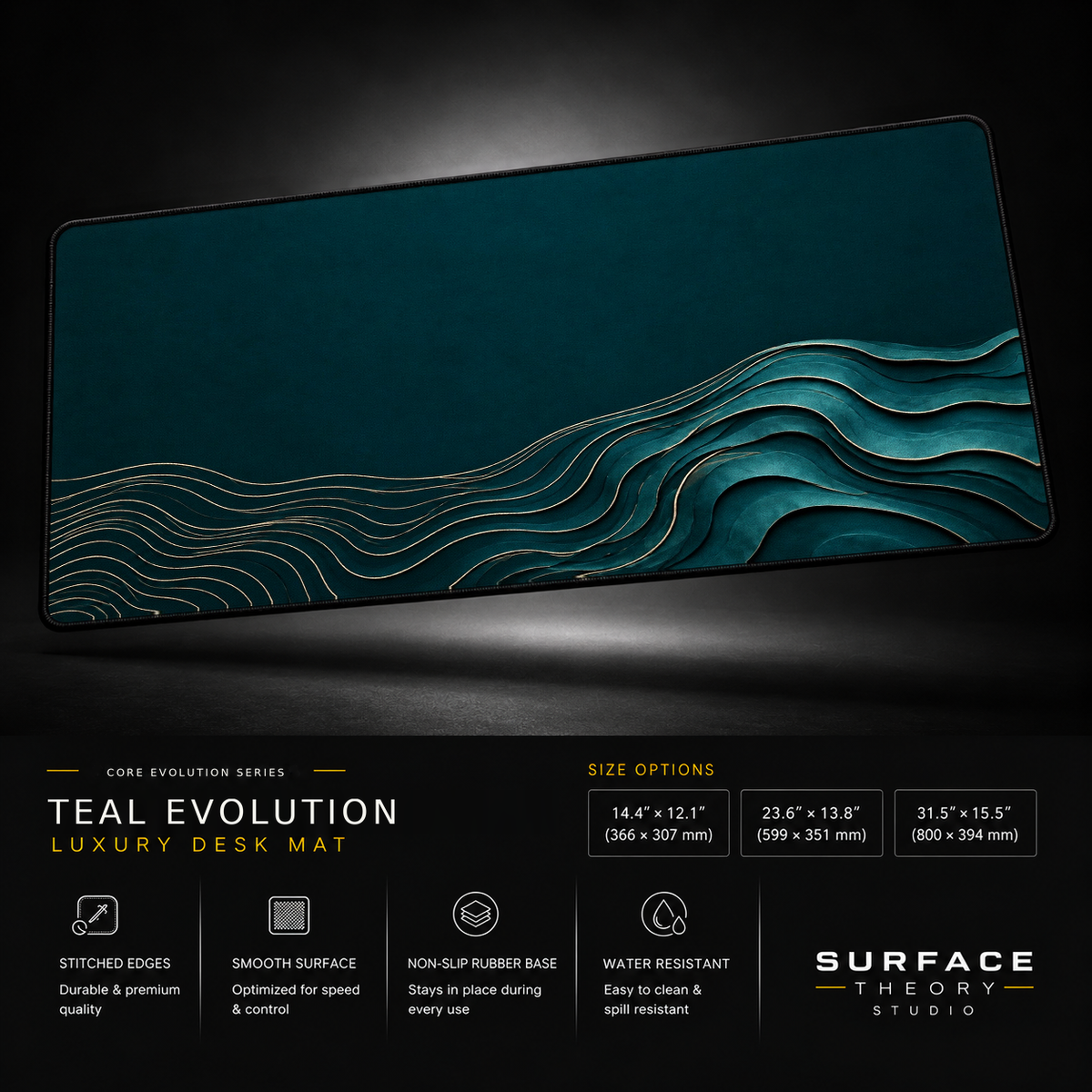 Teal Evolution desk mat floating against a dark studio background.