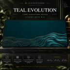 Teal Evolution desk mat on a studio display with size and product information.