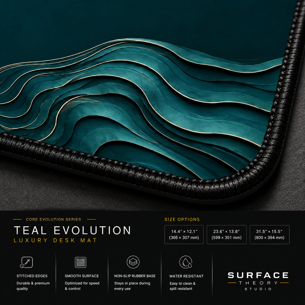 Close-up of Teal Evolution printed artwork and black stitched corner.