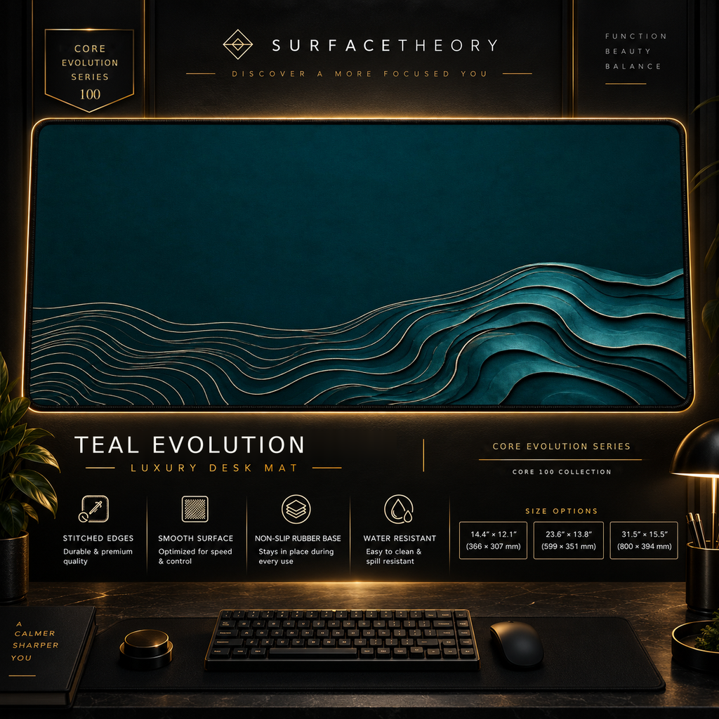 Teal Evolution desk mat in a gold-toned showcase frame above a keyboard.