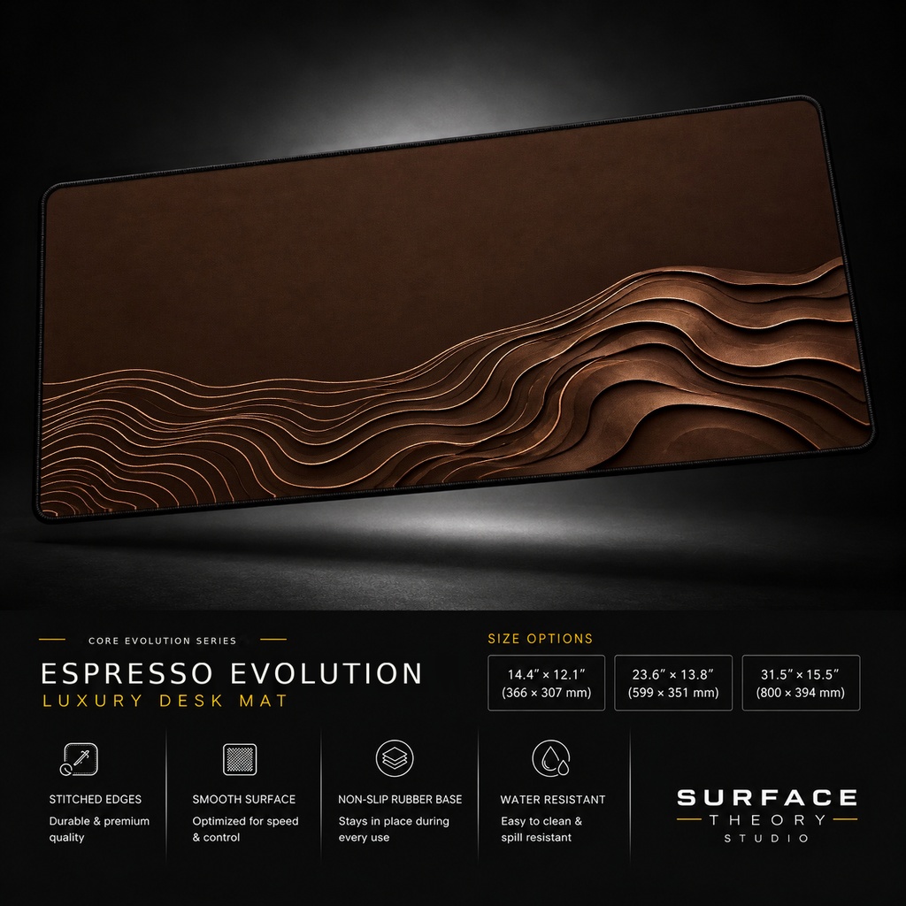 Espresso Evolution desk mat floating against a dark studio background.
