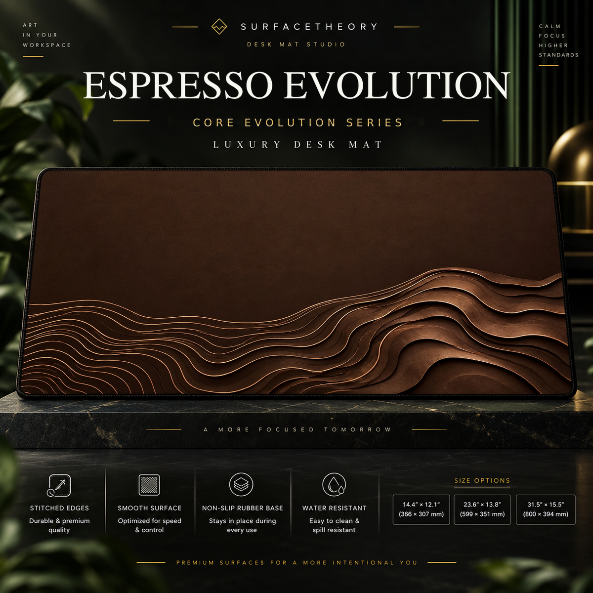 Espresso Evolution desk mat on a studio display with size and product information.