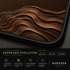 Close-up of Espresso Evolution printed artwork and black stitched corner.