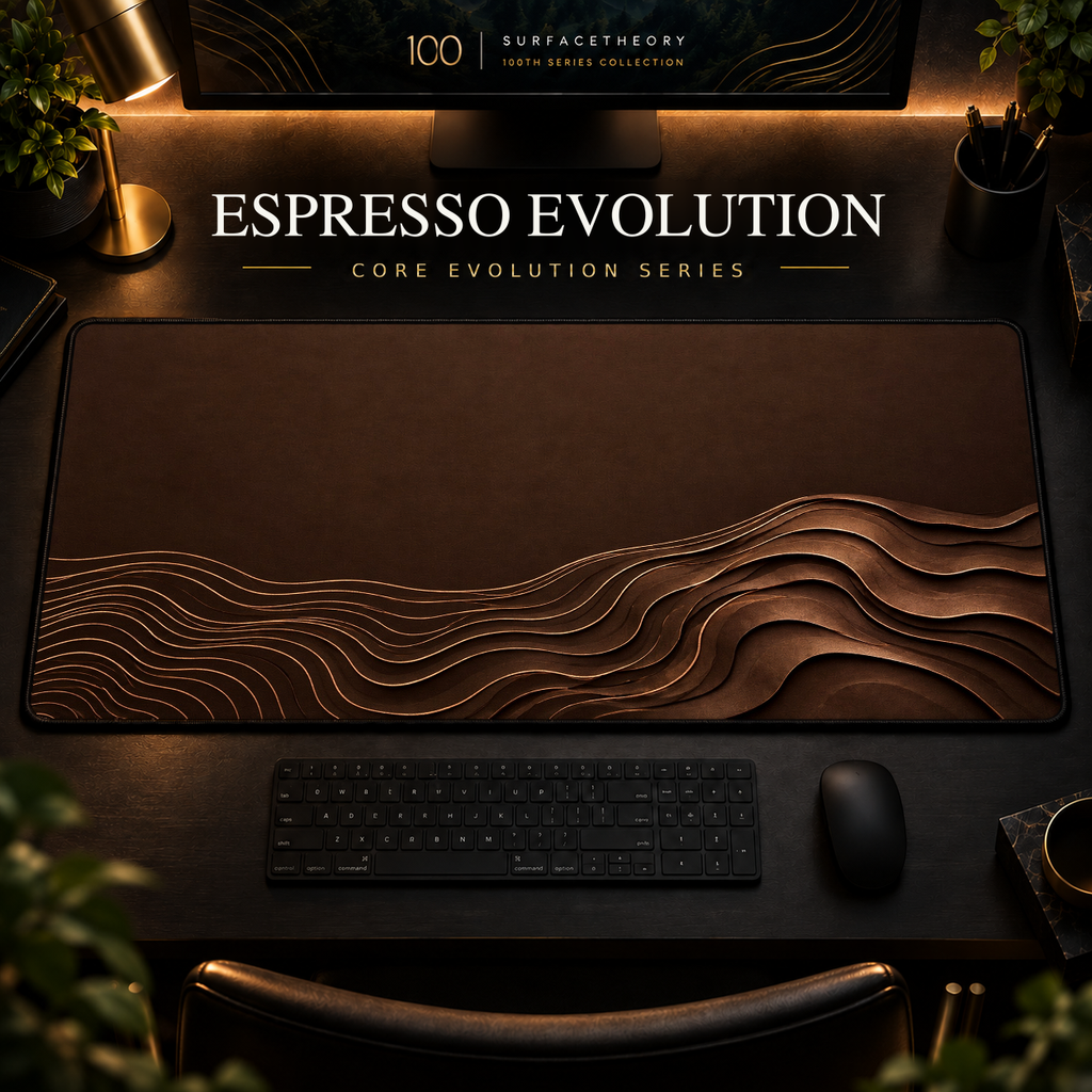 Espresso Evolution desk mat, espresso brown with copper-toned contours widening into layered curves, in a warm, dark workspace.
