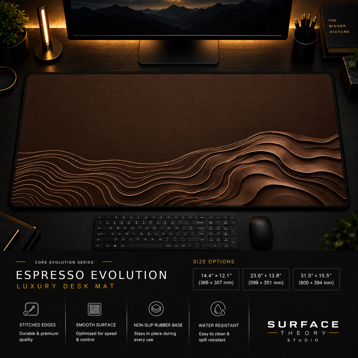 Espresso Evolution desk mat in a dark workstation with warm monitor lighting.