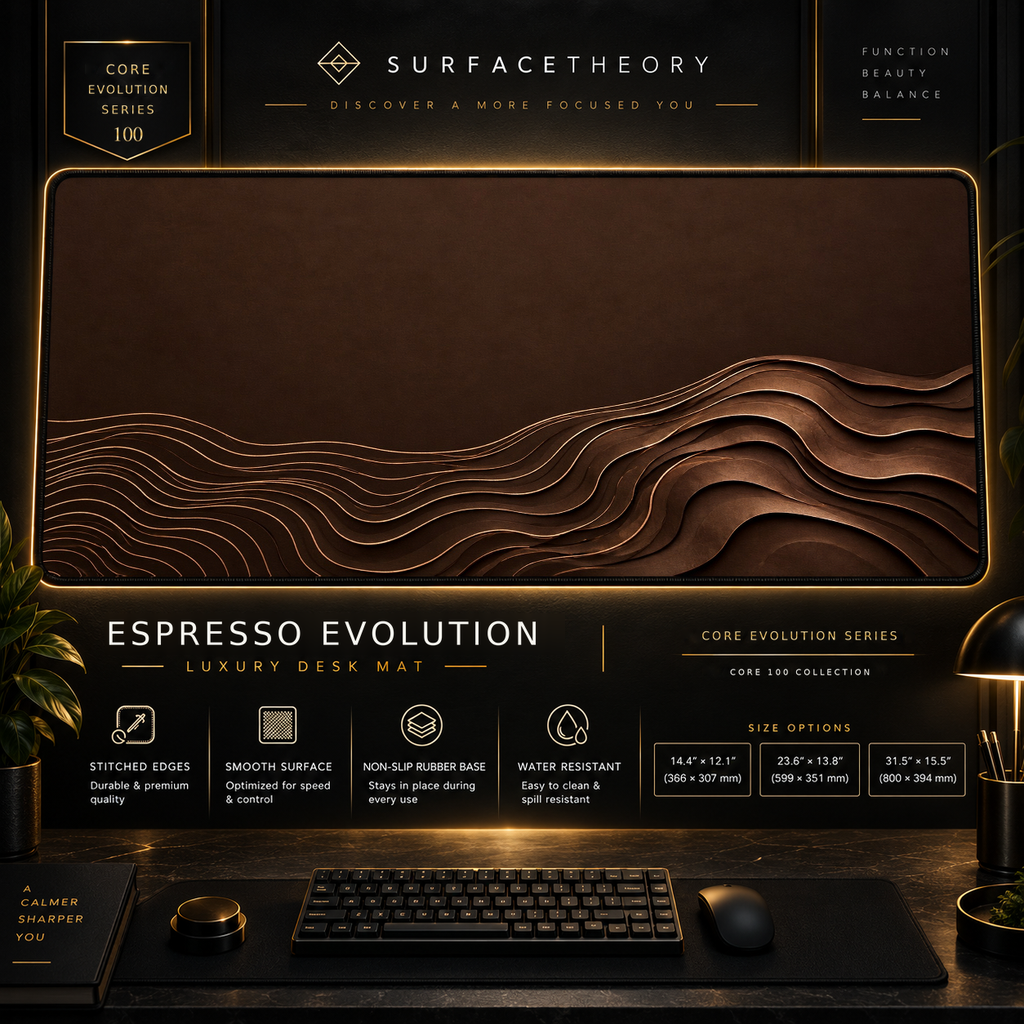 Espresso Evolution desk mat in a gold-toned showcase frame above a keyboard.