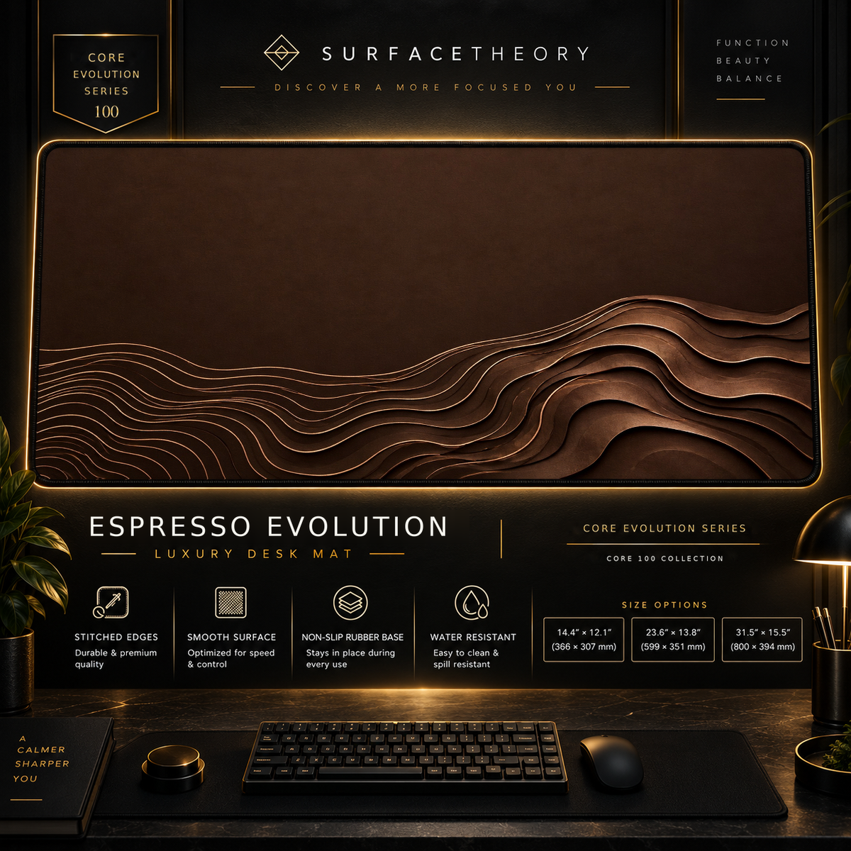 Espresso Evolution desk mat in a gold-toned showcase frame above a keyboard.