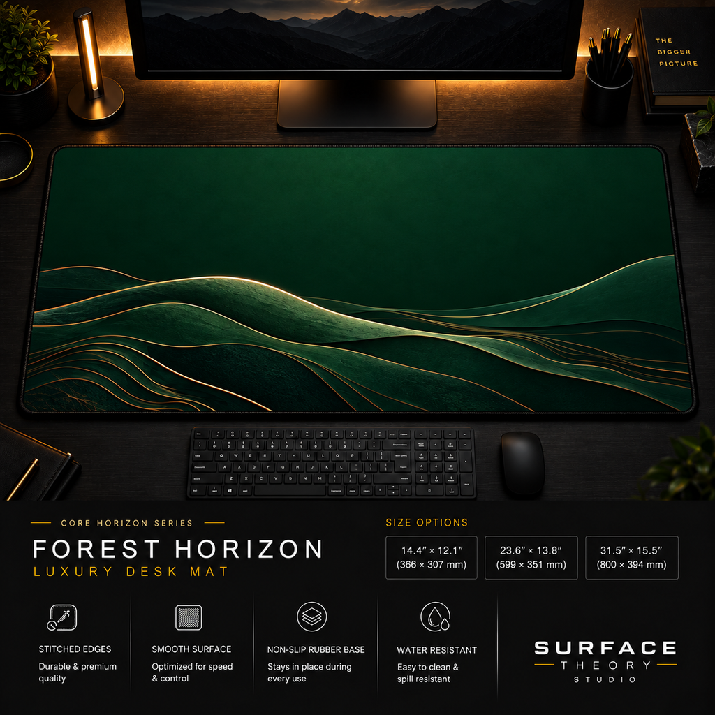 Forest Horizon desk mat in a dark workstation with warm monitor lighting.