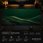 Forest Horizon desk mat in a dark workstation with warm monitor lighting.