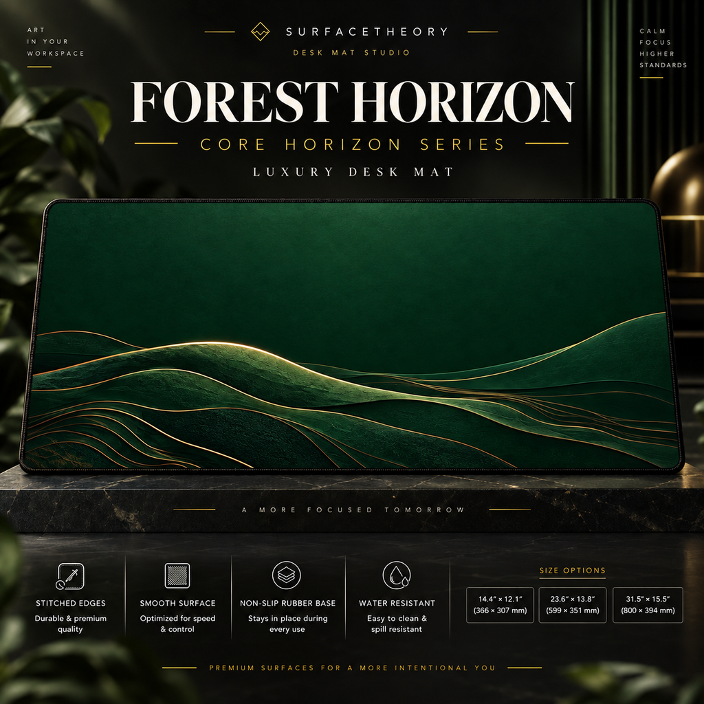 Forest Horizon desk mat on a studio display with size and product information.