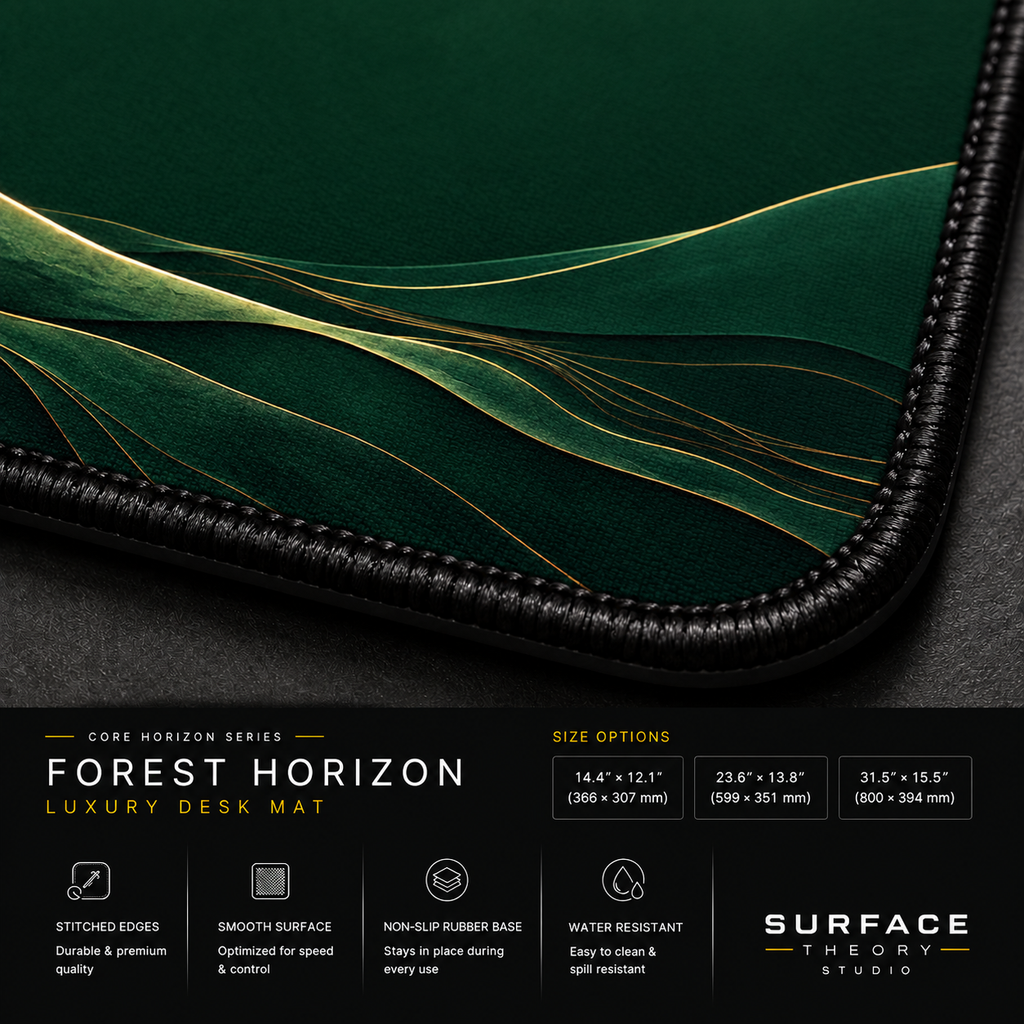 Close-up of Forest Horizon printed landscape artwork and black stitched corner.