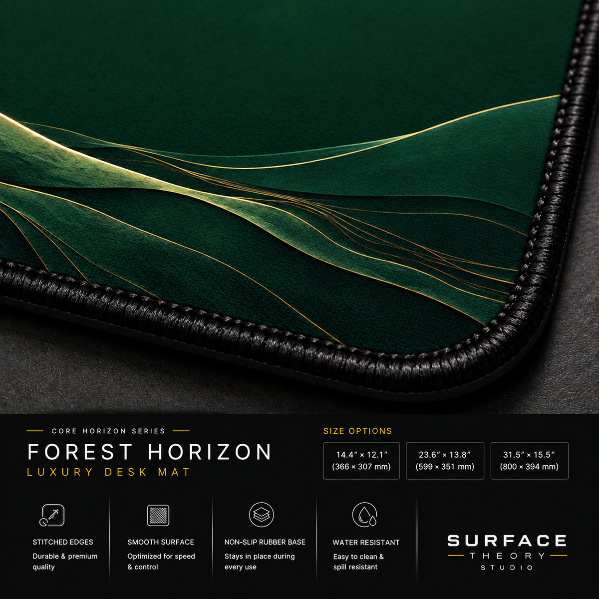 Close-up of Forest Horizon printed landscape artwork and black stitched corner.