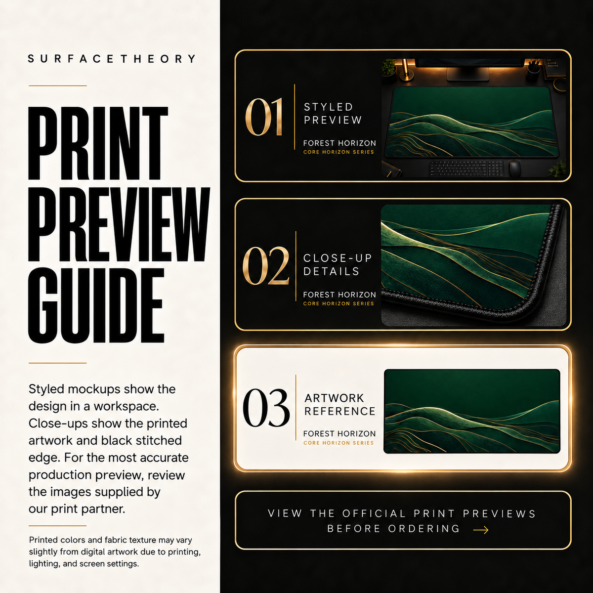 Forest Horizon print preview guide with a styled mockup, close-up and artwork reference.