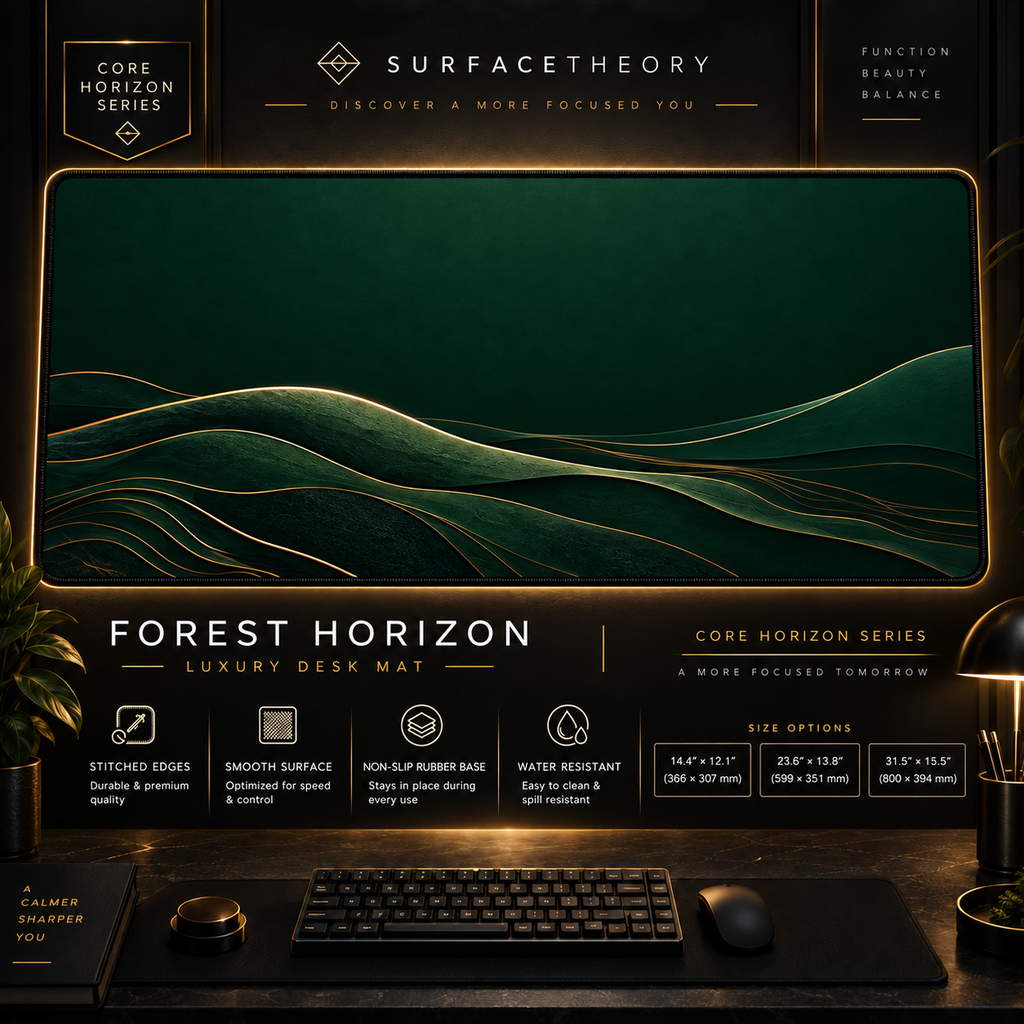 Forest Horizon desk mat in a gold-toned showcase frame above a keyboard.