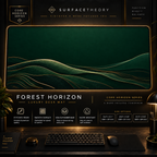 Forest Horizon desk mat in a gold-toned showcase frame above a keyboard.