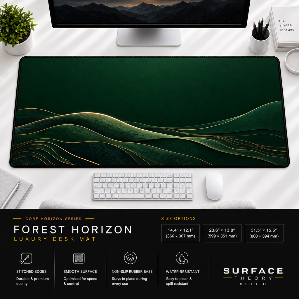 Forest Horizon desk mat beneath a monitor on a bright desk with a white keyboard and mouse.