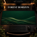 Forest Horizon desk mat, deep forest green with gold-toned landscape contours, in a warm, dark workspace.