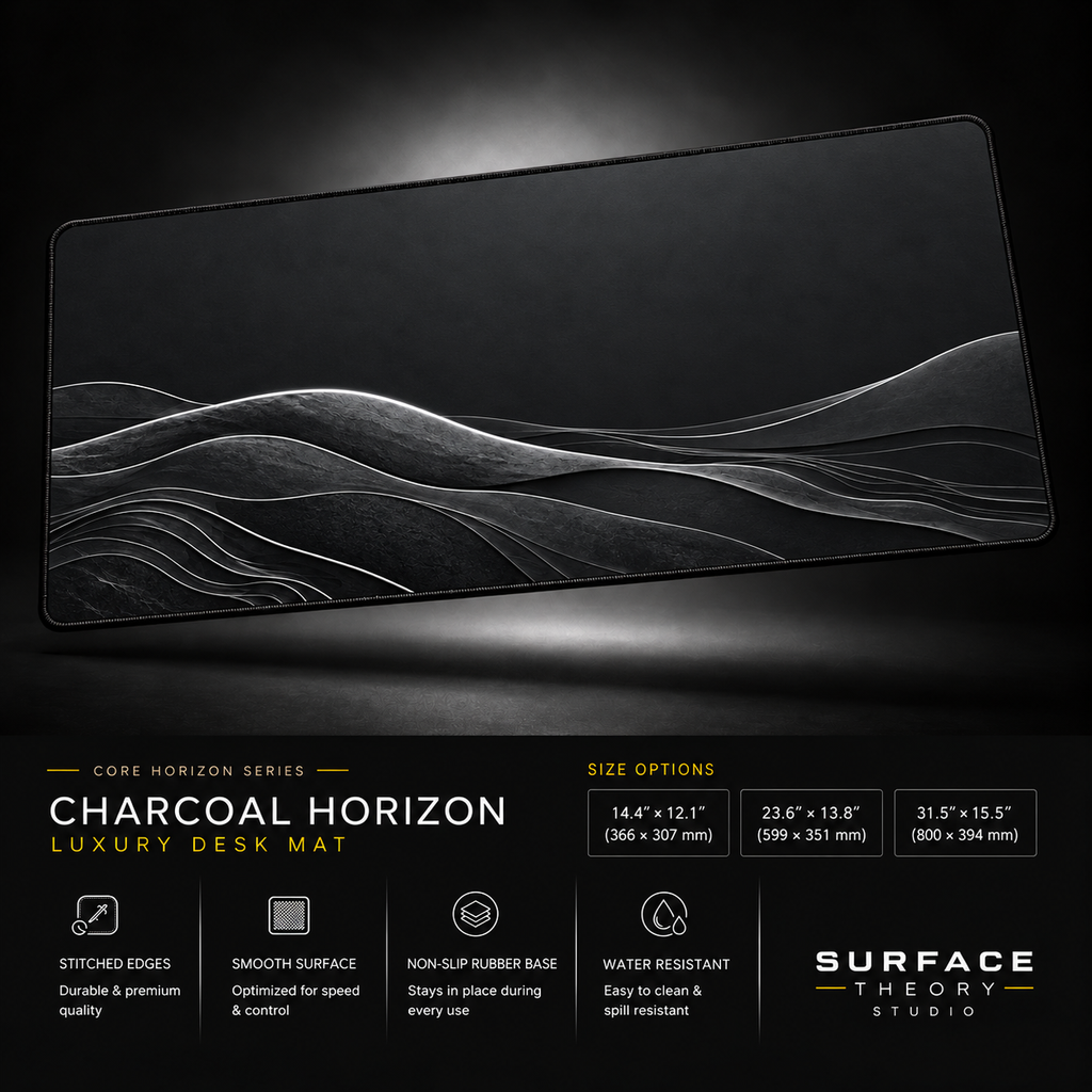 Charcoal Horizon desk mat floating against a dark studio background.
