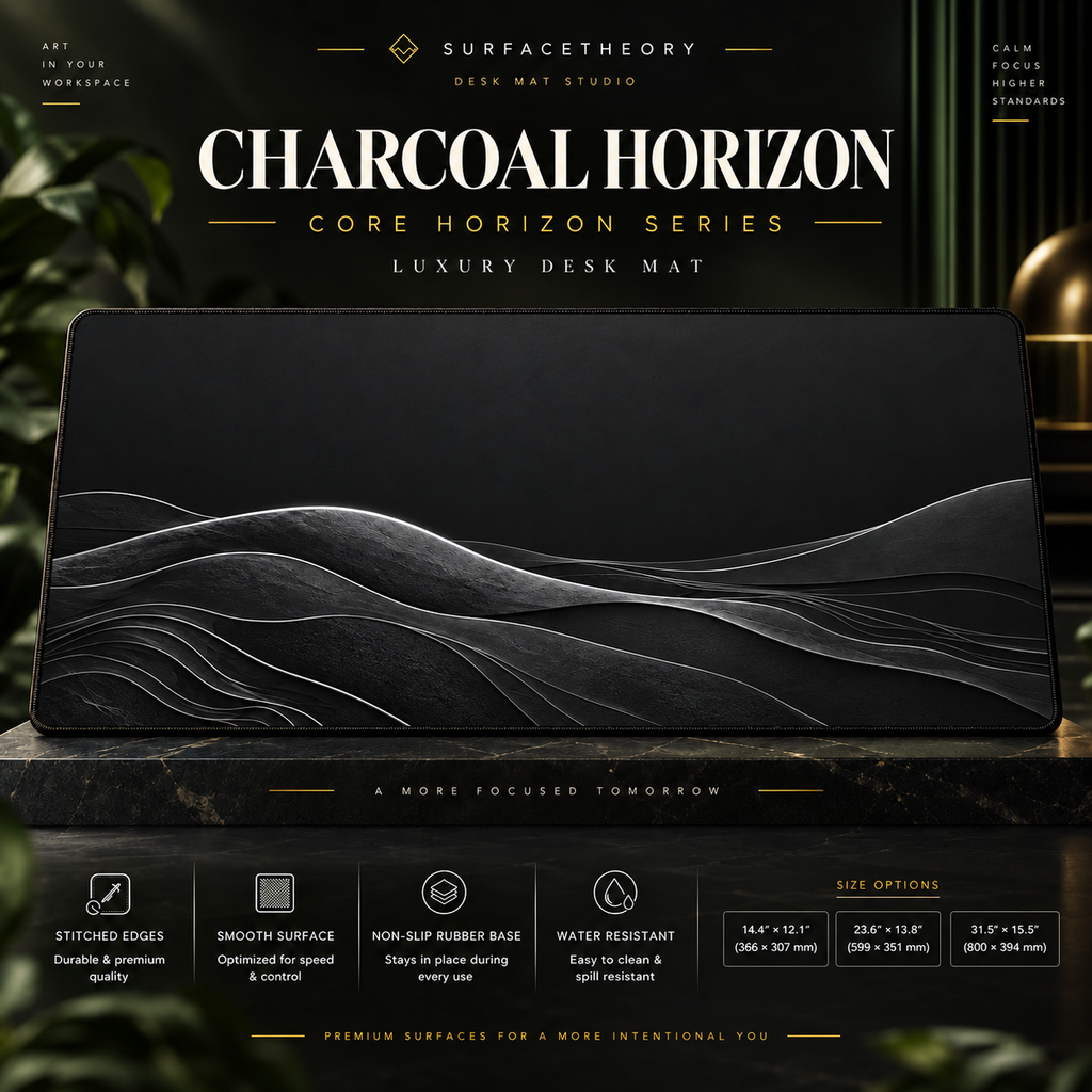Charcoal Horizon desk mat on a studio display with size and product information.