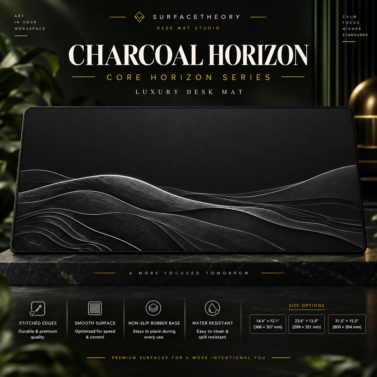 Charcoal Horizon desk mat on a studio display with size and product information.