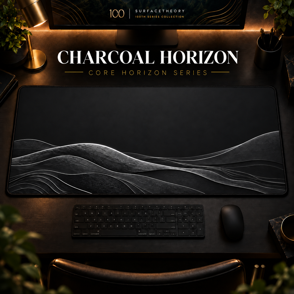 Charcoal Horizon desk mat, charcoal grey with silver-grey landscape contours, in a warm, dark workspace.