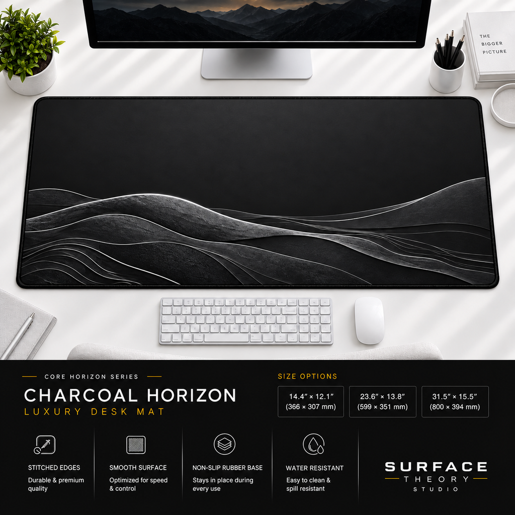 Charcoal Horizon desk mat beneath a monitor on a bright desk with a white keyboard and mouse.