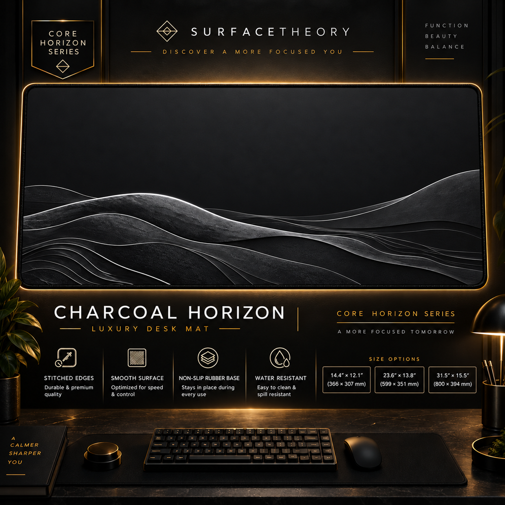 Charcoal Horizon desk mat in a gold-toned showcase frame above a keyboard.